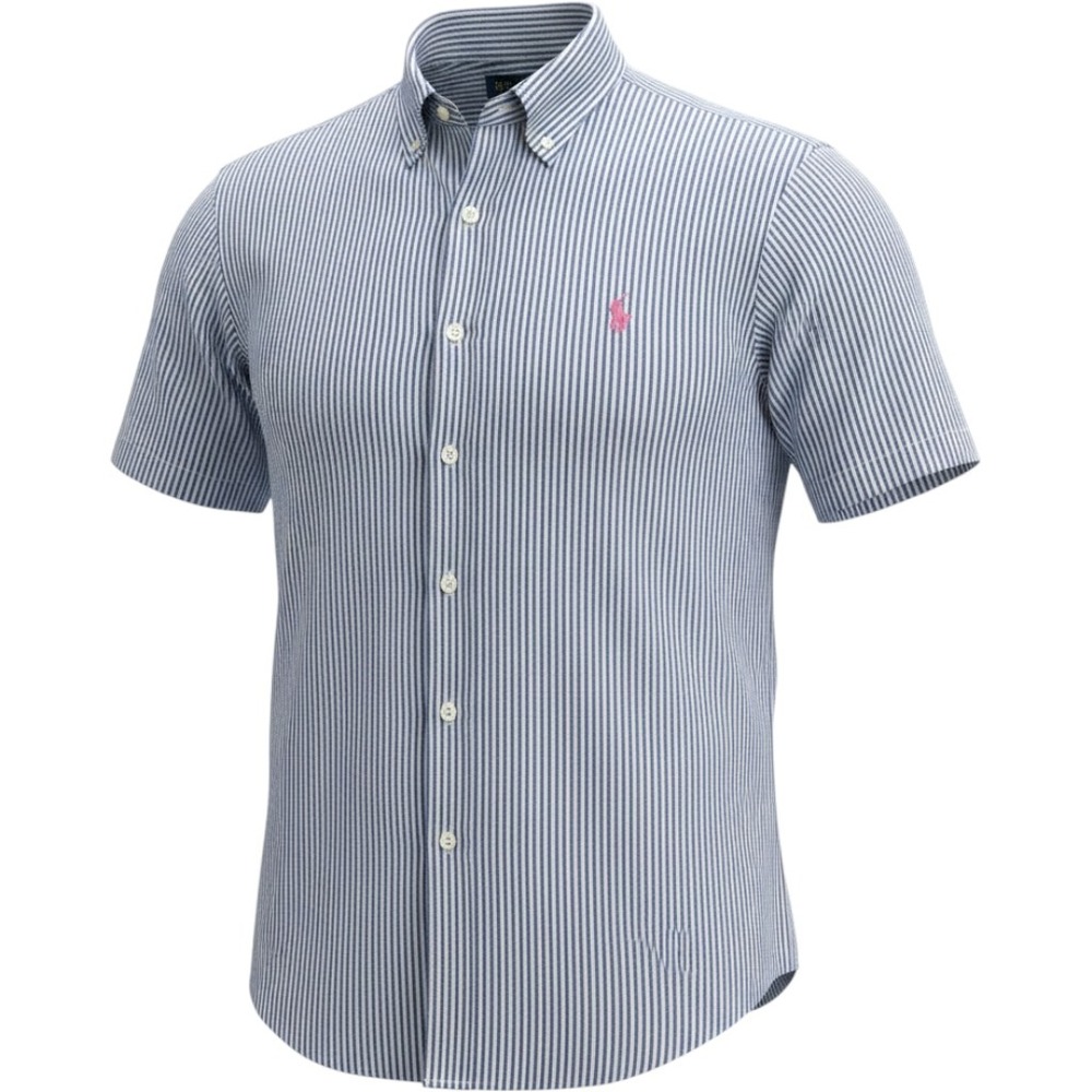RALPH LAUREN Seersucker Button Up Shirt Men's XLT White Blue Cotton Striped